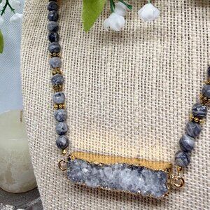 Raw Druzy Bar • Gray Jasper Beaded Necklace • Gold Electroplated Crystal Pendant